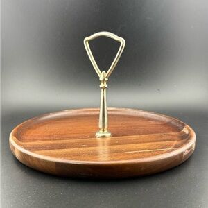 Vintage Vermillion Walnut Tidbit Tray Serving Tray with Center Handle